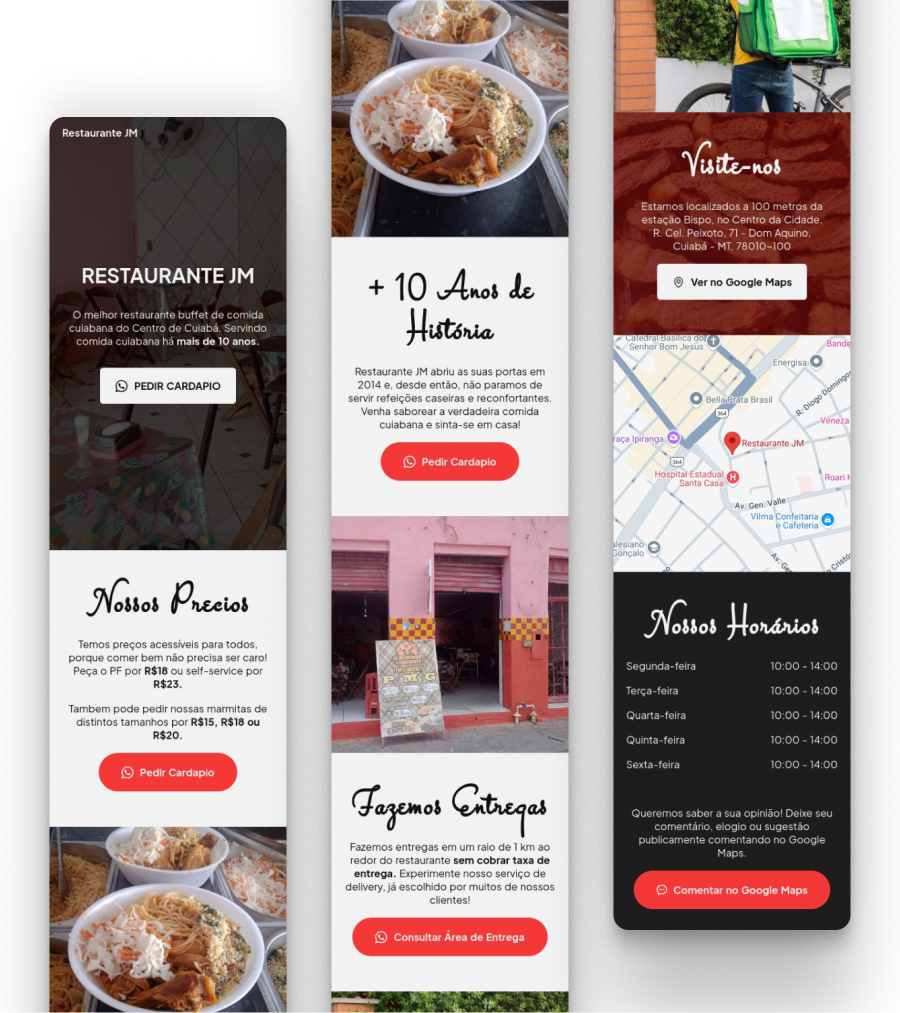 Demonstração da interface do site do Restaurante JM, apresentada em uma perspectiva de card 3D no mobile.