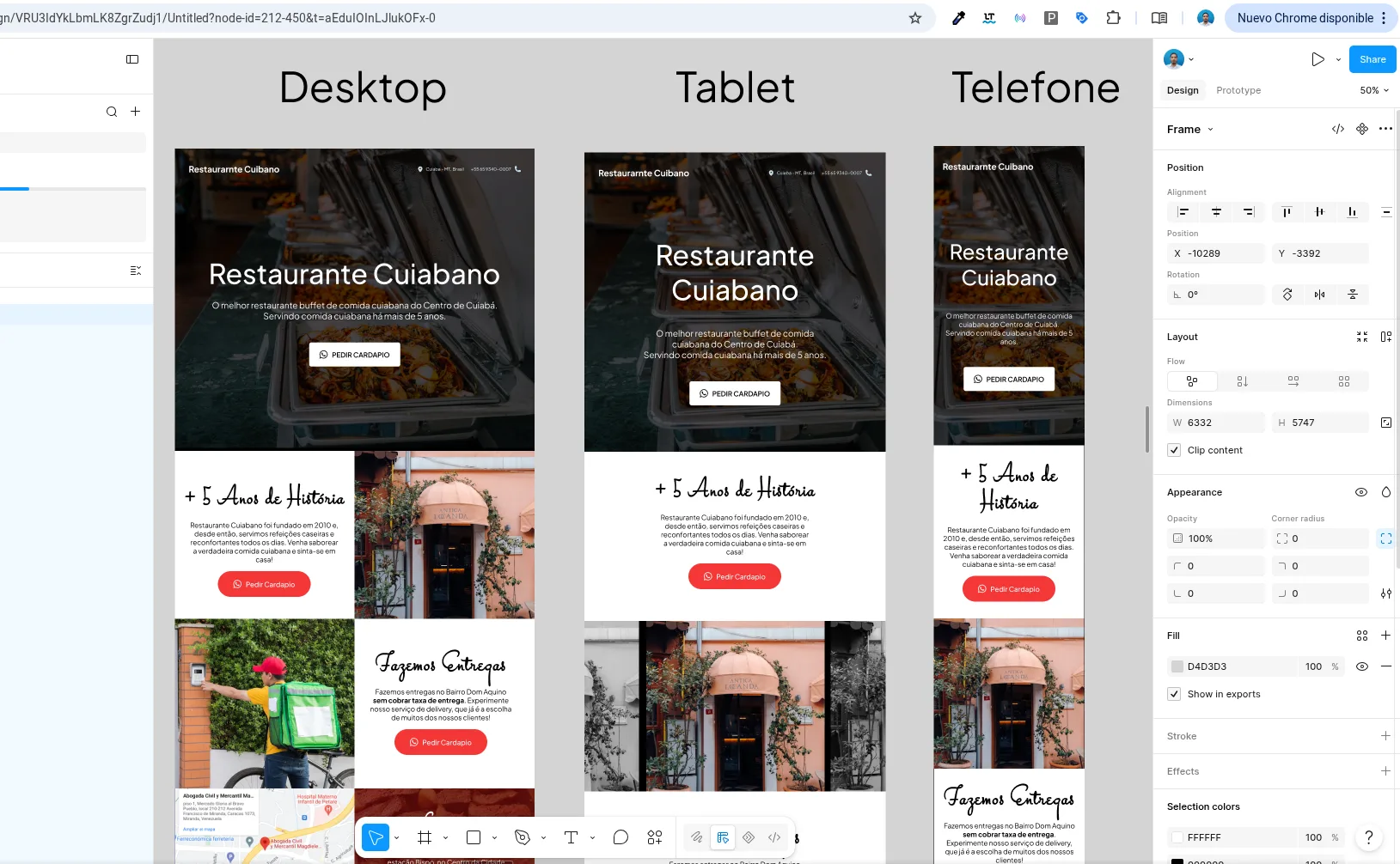 Captura de tela no Figma com o design responsivo (desktop, tablet e mobile) do site para o Restaurante JM.