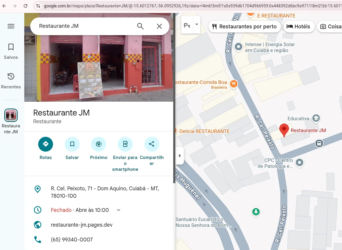 Captura de tela do perfil público do Restaurante JM cadastrado no Google Maps.